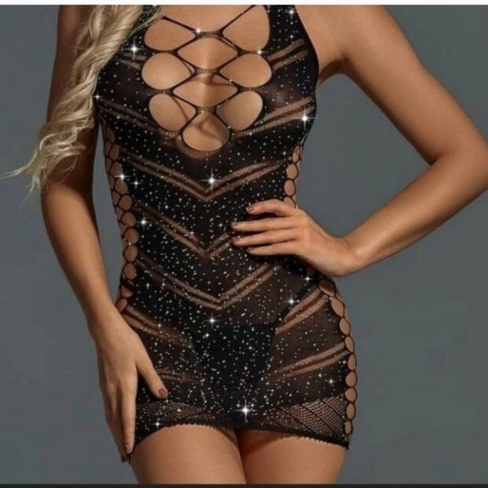 Black Rhinestone Studded Bodycon Dress • Sparkling Bodycon Bodysuit Lingerie - Picture 2 of 8